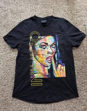 Inimigo black T shirt pop-art print featuring a girl in bright neon colors